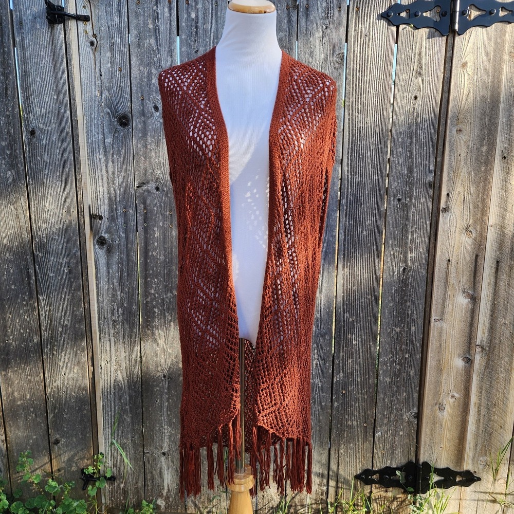 Crochet Knit Fringe Vest Sleeveless Open Front Boho Hippie Festival Beachwear L